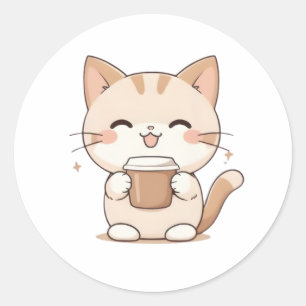 Adesivo Gato Fofo Bebendo Café Design Kawaii