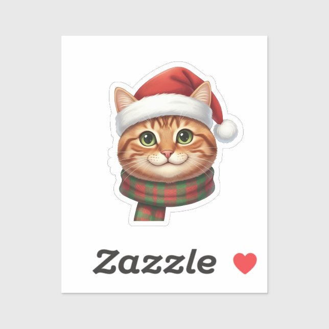 Adesivo Gato Fofo com Chapéu de Papai Noel e Cachecol de T (Folha)