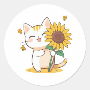 Adesivo Gato Fofo com Design Kawaii de Girassol