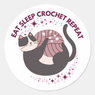 Adesivo Gato Fofo Comer Dormir Crochê Repetir
