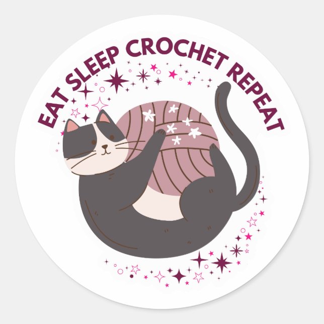 Adesivo Gato Fofo Comer Dormir Crochê Repetir (Frente)