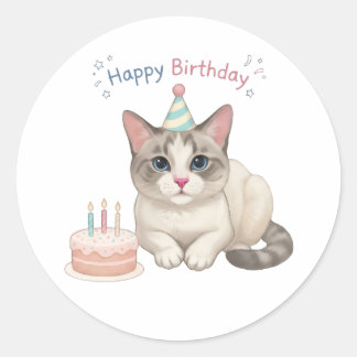 Adesivo Gato Fofo de Aniversário com Bolo e Chapéu de Fest