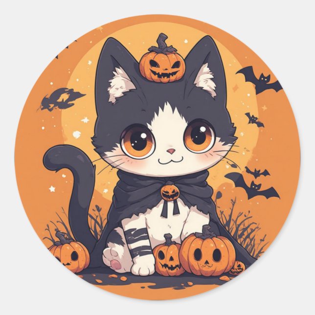 Adesivo Gato Fofo de Halloween com Abóboras e Morcegos  (Frente)