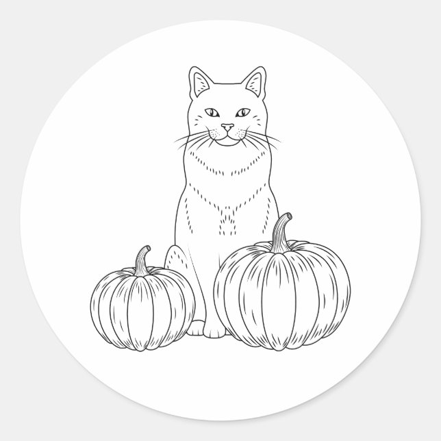 Adesivo Gato Fofo Sentado Com Abóboras Arte Linear de Outo (Frente)