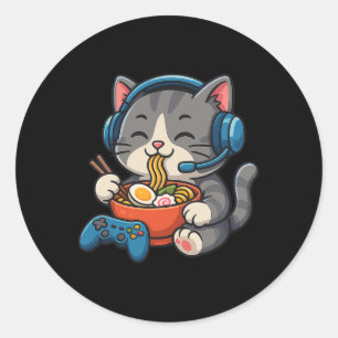 Adesivo Gato Gamer Comendo Ramen - Amante de Jogos de Cons