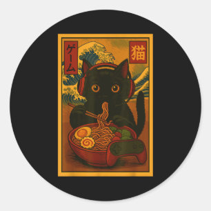 Adesivo Gato Gamer Comendo Ramen ao Estilo Japonês 
