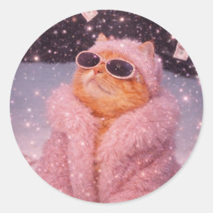 Adesivo Gato Glam Money com Casaco de Pelúcia Rosa e Óculo