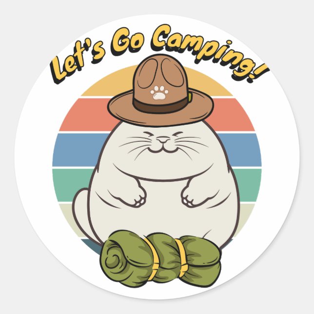 Adesivo Gato gordo engraçado quer ir acampar (Frente)