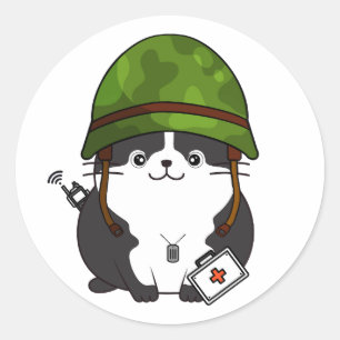 Adesivo Gato Gordo Vestindo capacete do exército