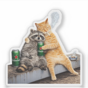 Adesivo Gato Guaxinim Fumando Cigarro Bebida de Meme Vin