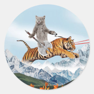 Adesivo Gato Guerreiro Dirigindo Um Tigre