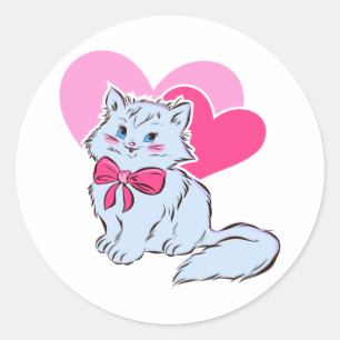 Adesivo Gato Kawaii Azul Com Laço Rosa & Corações