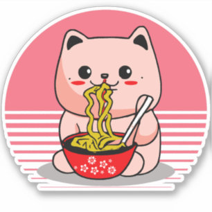 Adesivo Gato Kawaii bonito comendo rêmen