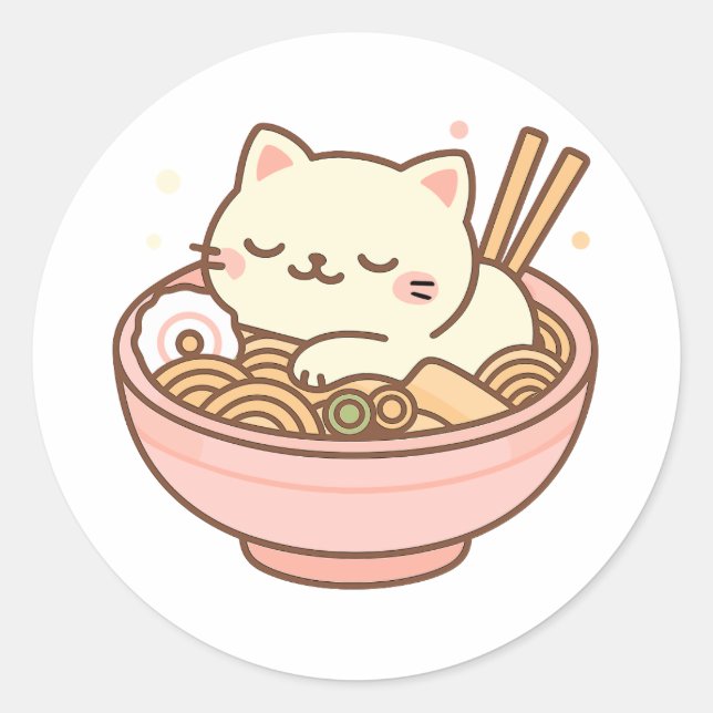 Adesivo Gato Kawaii Cachorro Dormindo em Ramen Bowl (Frente)