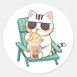 Adesivo Gato Kawaii Chibi de Óculos de Sol Bebendo Frappè
