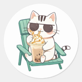 Adesivo Gato Kawaii Chibi de Óculos de Sol Bebendo Frappè