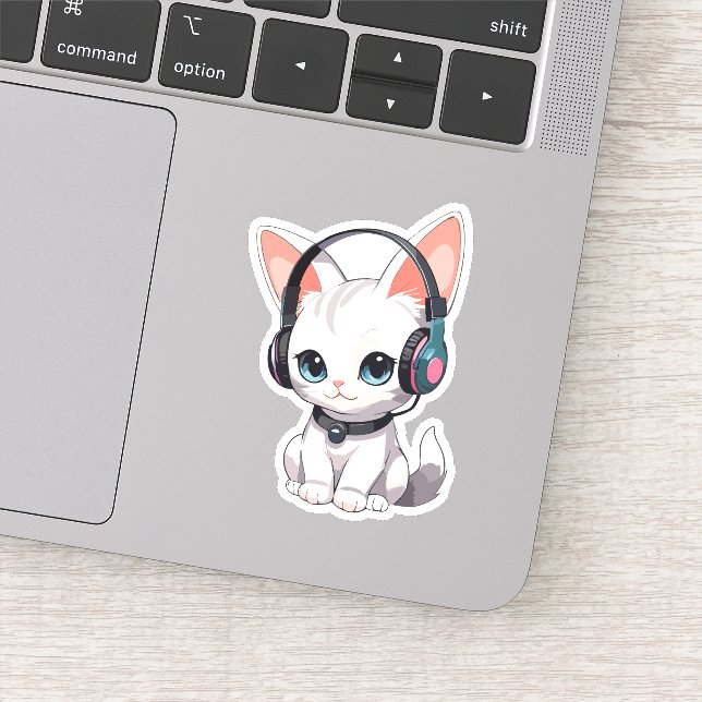 Adesivo Gato Kawaii com Fones de Ouvido da Moda (Detalhe)