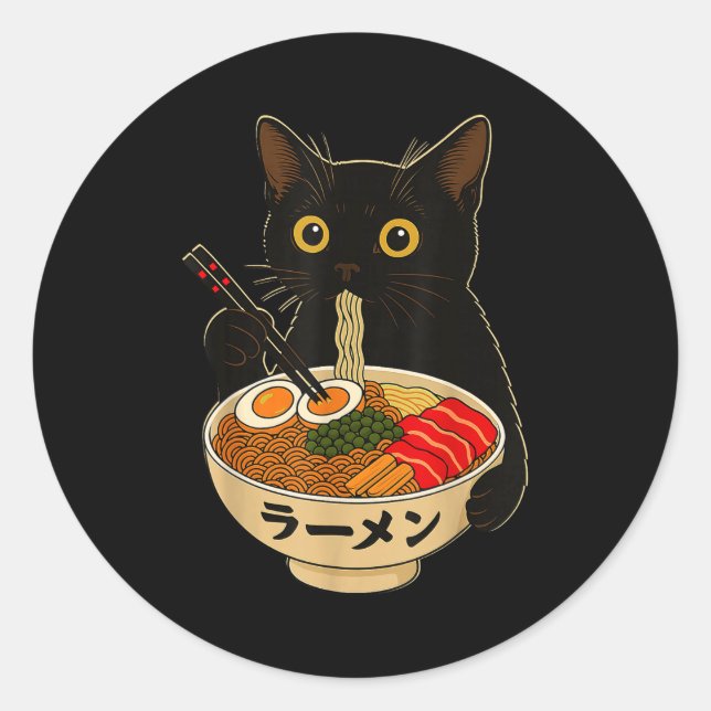 Adesivo Gato Kawaii Comendo Macarrão Ramen Presente Divert (Frente)