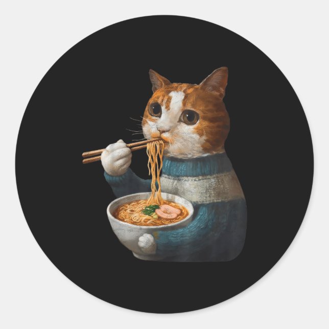 Adesivo Gato Kawaii Comendo Macarrão Ramen Presente Divert (Frente)