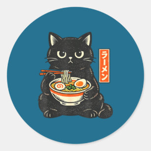 Adesivo Gato kawaii japonês retrô comendo ramen