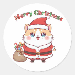 Adesivo Gato Kawaii Papai Noel Presente de Natal Férias