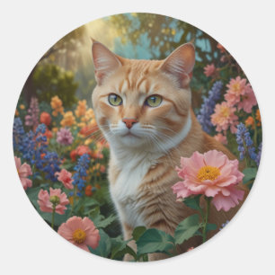Adesivo Gato laranja branco bonito em jardim floral