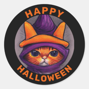 Adesivo Gato Laranja com Chapéu de Bruxa Roxo