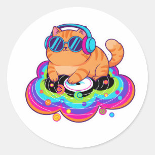 Adesivo Gato Laranja DJ Legal com Fones de Ouvido na Nuvem