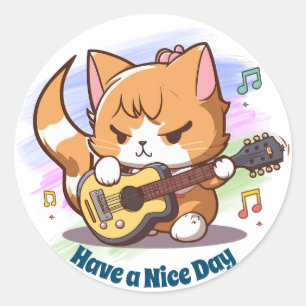 Adesivo Gato Laranja Fofo Tocando Violão