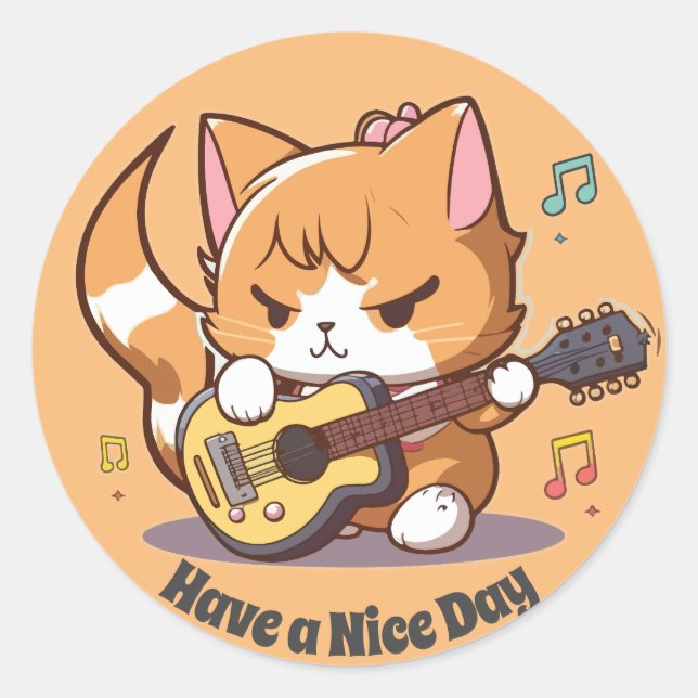 Adesivo Gato Laranja Fofo Tocando Violão (Frente)