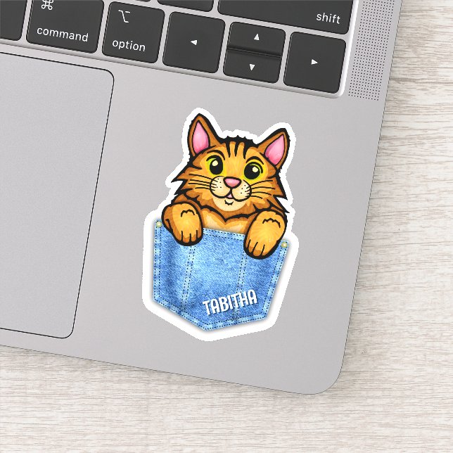Adesivo Gato Laranja no bolso de Faux Denim com Nome Perso (Detalhe)