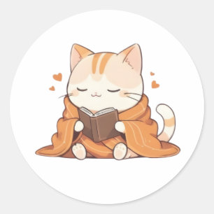 Adesivo Gato Leitor Aconchegante Kawaii Design de Gatinho