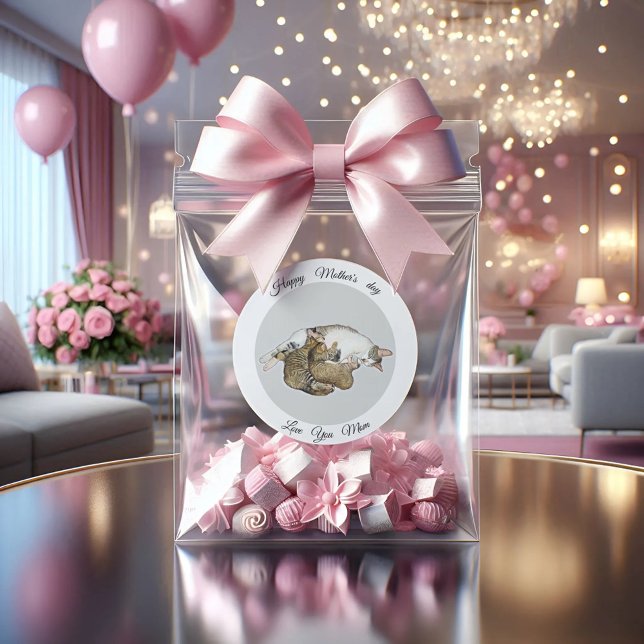 Adesivo Gato-mãe bonito e gatinhos com palheta redonda per (Criador carregado)