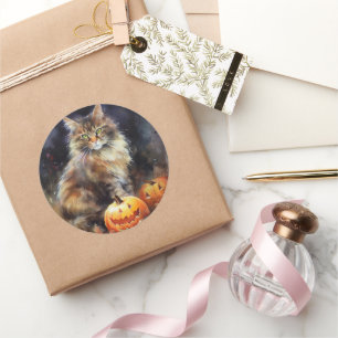 Adesivo Gato Maine Coon no Halloween com Abóboras Assustad