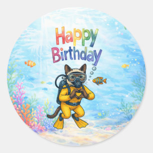 Adesivo Gato mergulhador de aniversário tema subaquático