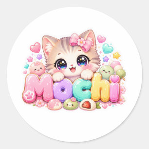 Adesivo Gato Mochi Kawaii Fofo Nome Rosa Pastel Brilhante 
