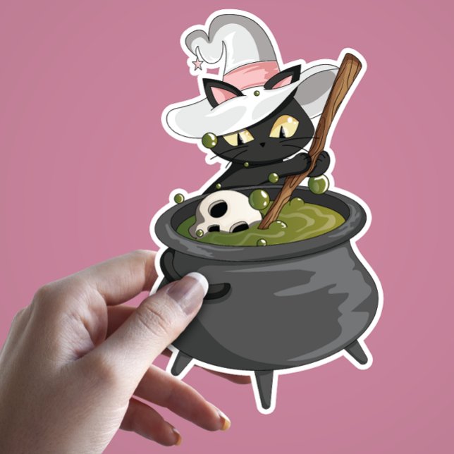 Adesivo Gato Negro Bonito com Chapéu de Bruxa Fazendo Poçã (Black Cat Mixing Up a Potion. Halloween Theme Sticker)