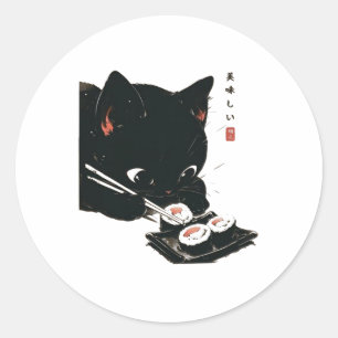 Adesivo Gato Negro Comendo Sushi - Gato Japonês