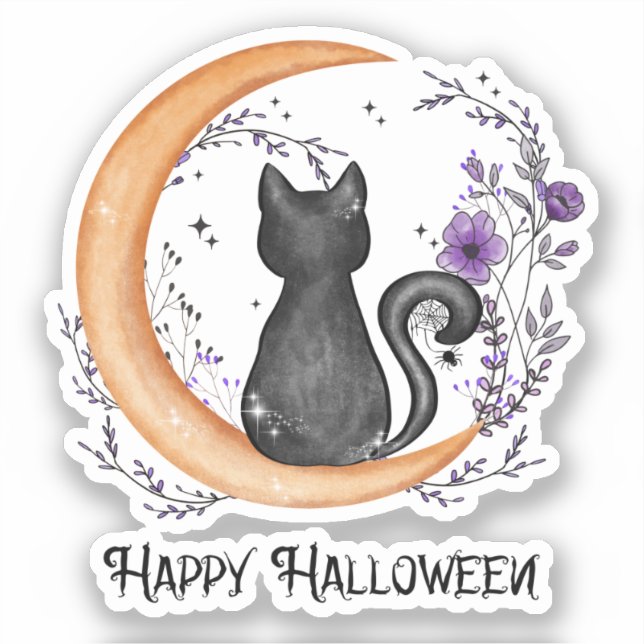 Adesivo Gato Negro e Lua Crescente para Feliz Halloween (Frente)
