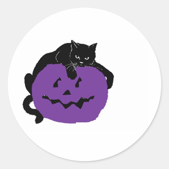 Adesivo Gato Negro Em Uma Pumpkin Roxo (Frente)