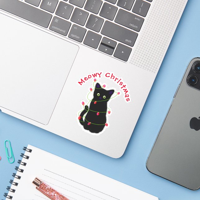 Adesivo Gato negro | Meowy Christmas | Luzes cintilantes (Notebook com iPhone)