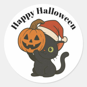 Adesivo Gato Negro Segurando Abóbora no Halloween