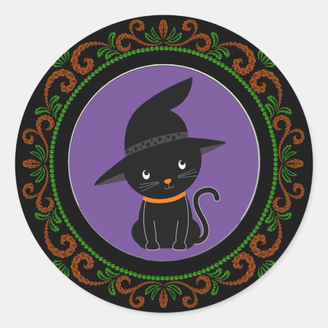 Adesivo Gato Negro Verde Laranja Com Halloween De Bruxa (Frente)