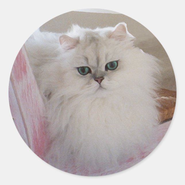 Adesivo Gato Persa Branco em uma Cadeira Rosa (Frente)