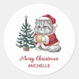 Adesivo Gato Personalizado com Chapéu de Papai Noel Árvore