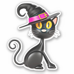 Adesivo Gato Preto 3D Ilusão com Chapéu de Bruxa Faixa Rox