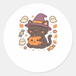 Adesivo Gato preto bonito com chapéu de bruxa - Kawaii Hal