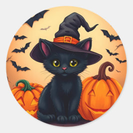 Adesivo Gato preto bonito no chapéu de bruxa cercado por a