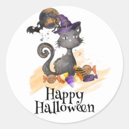 Adesivo Gato Preto de Aquarela com doces, Halloween