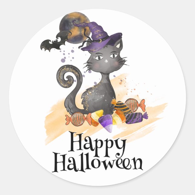 Adesivo Gato Preto de Aquarela com doces, Halloween (Frente)